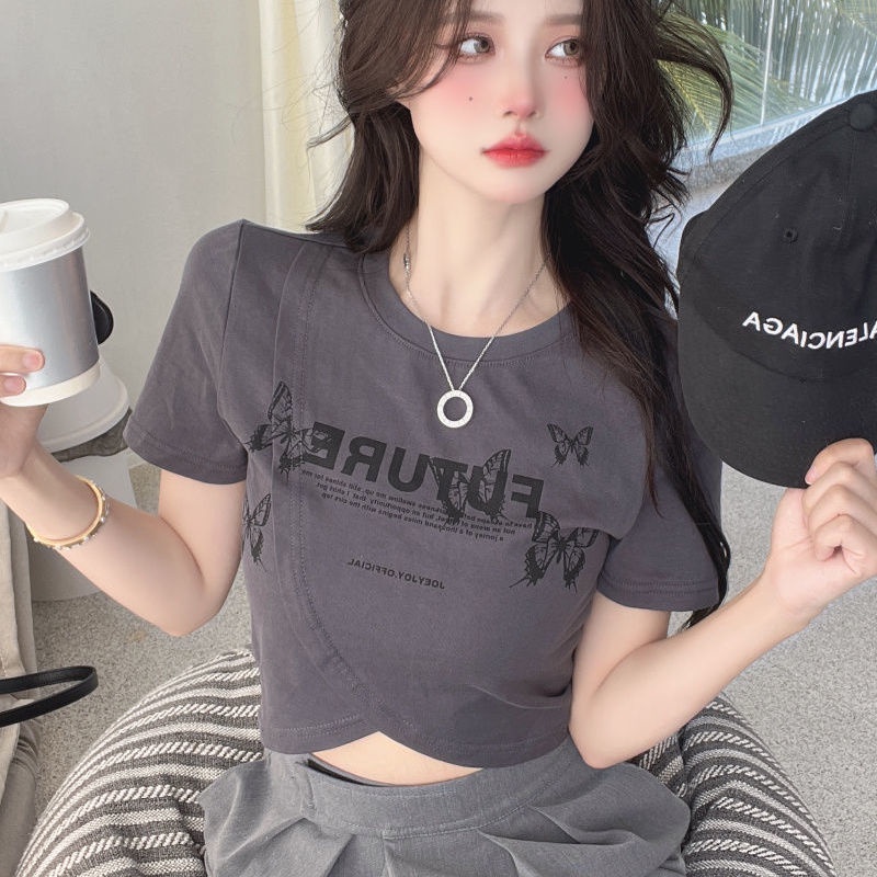 Áo thun BH croptop tay ngắn chất liệu cotton in hoạ tiết bươm bướm thời trang dành cho nữ