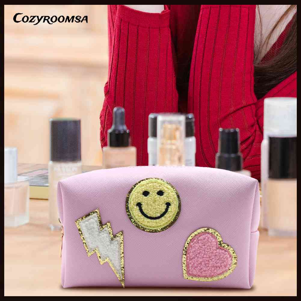 Túi Đựng Mỹ Phẩm Da PU Chống Thấm Nước Họa Tiết Mặt Cười Dễ Thương