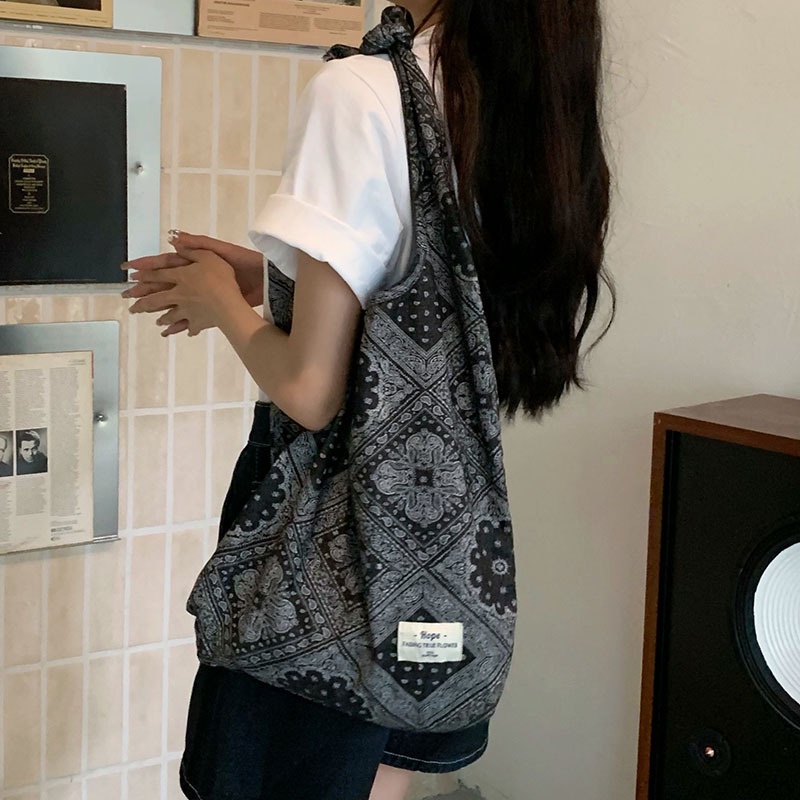 MISCHA Túi Xách Canvas Cỡ Lớn In Họa Tiết Phong Cách Retro Thời Trang Hàn Quốc Cho Nữ