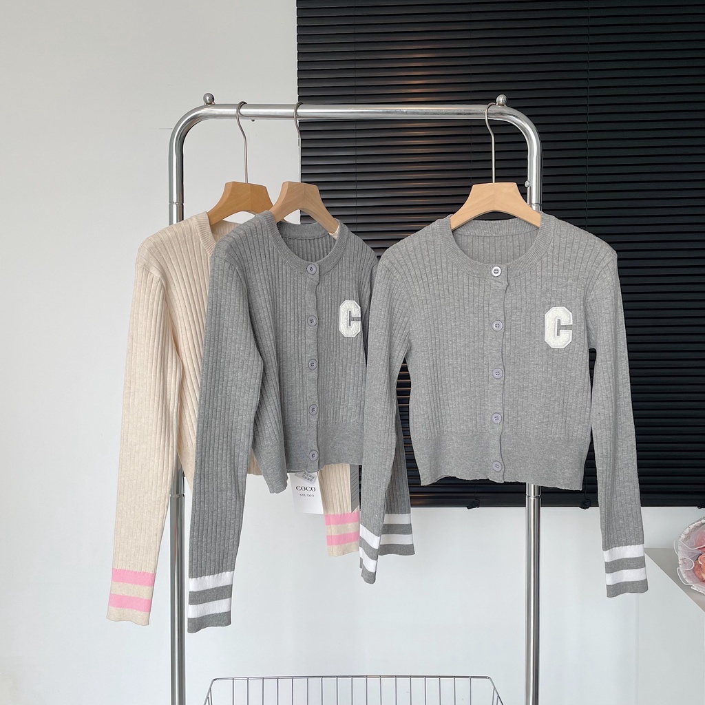 LANJIEXI Áo cardigan Dệt Kim Mỏng Tay Dài Thêu Chữ Màu Sắc Tương Phản Phong Cách Hàn Quốc Cho Nữ