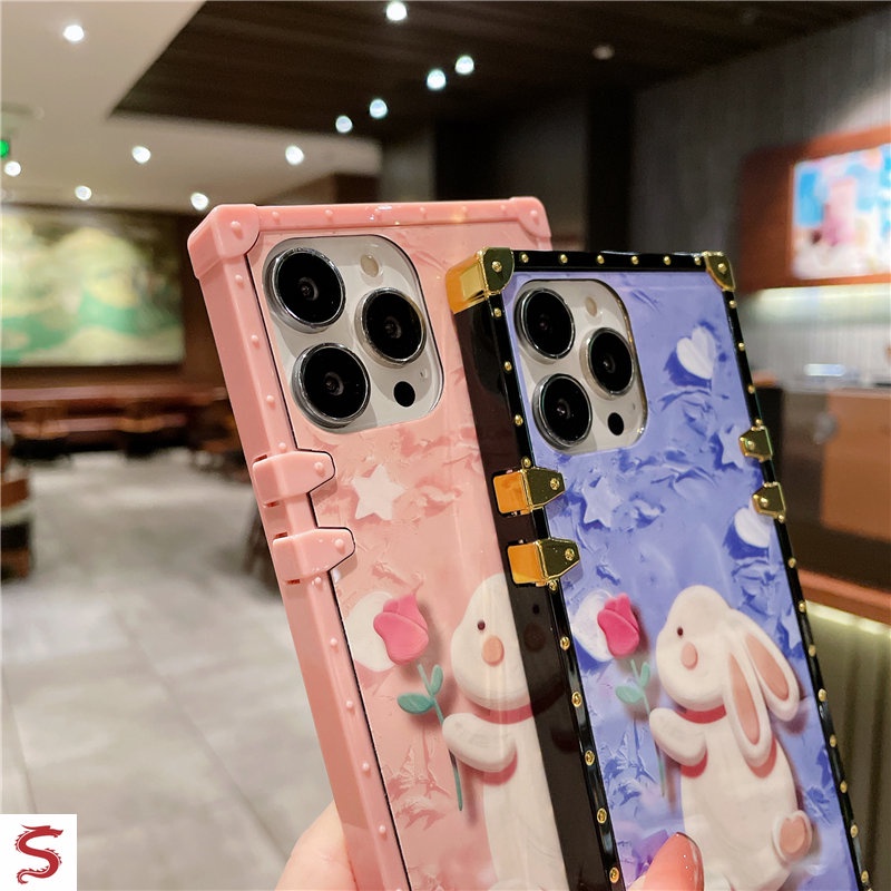 Ốp Điện Thoại Hình Vuông Họa Tiết Hoa Hồng Và Thỏ Dễ Thương Cho iPhone 14 Pro Max 13 12 11 Pro Max XR XS Max 7 8 6s Plus SE2