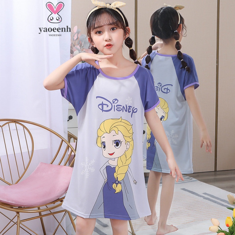 Đầm Ngủ Tay Ngắn Chất Lụa Mỏng In Họa Tiết Hoạt Hình Dễ Thương Thời Trang Mùa Hè Cho Bé Gái 90-150cm 2 Món