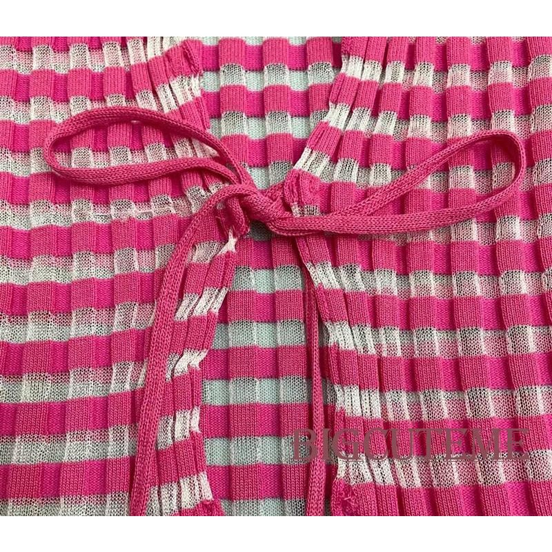 [] Áo Thun Crop Top Tay Dài Cổ Thuyền Họa Tiết Kẻ Sọc Buộc Dây Phía Trước Cho Nữ