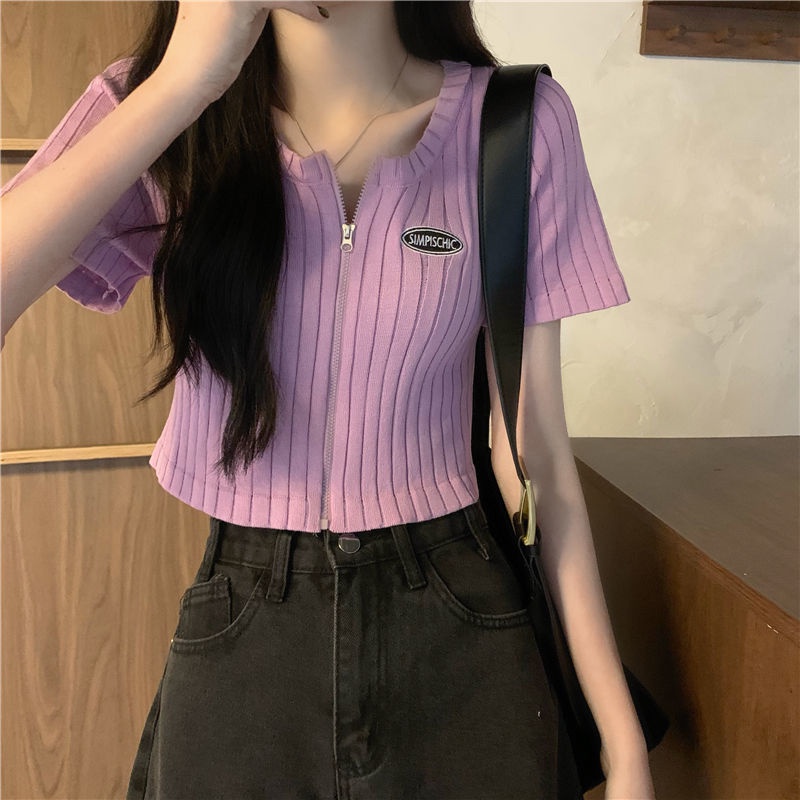 Áo Dệt Kim Tay Ngắn Phối Khóa Kéo Thời Trang Mùa Hè Cho Nữ