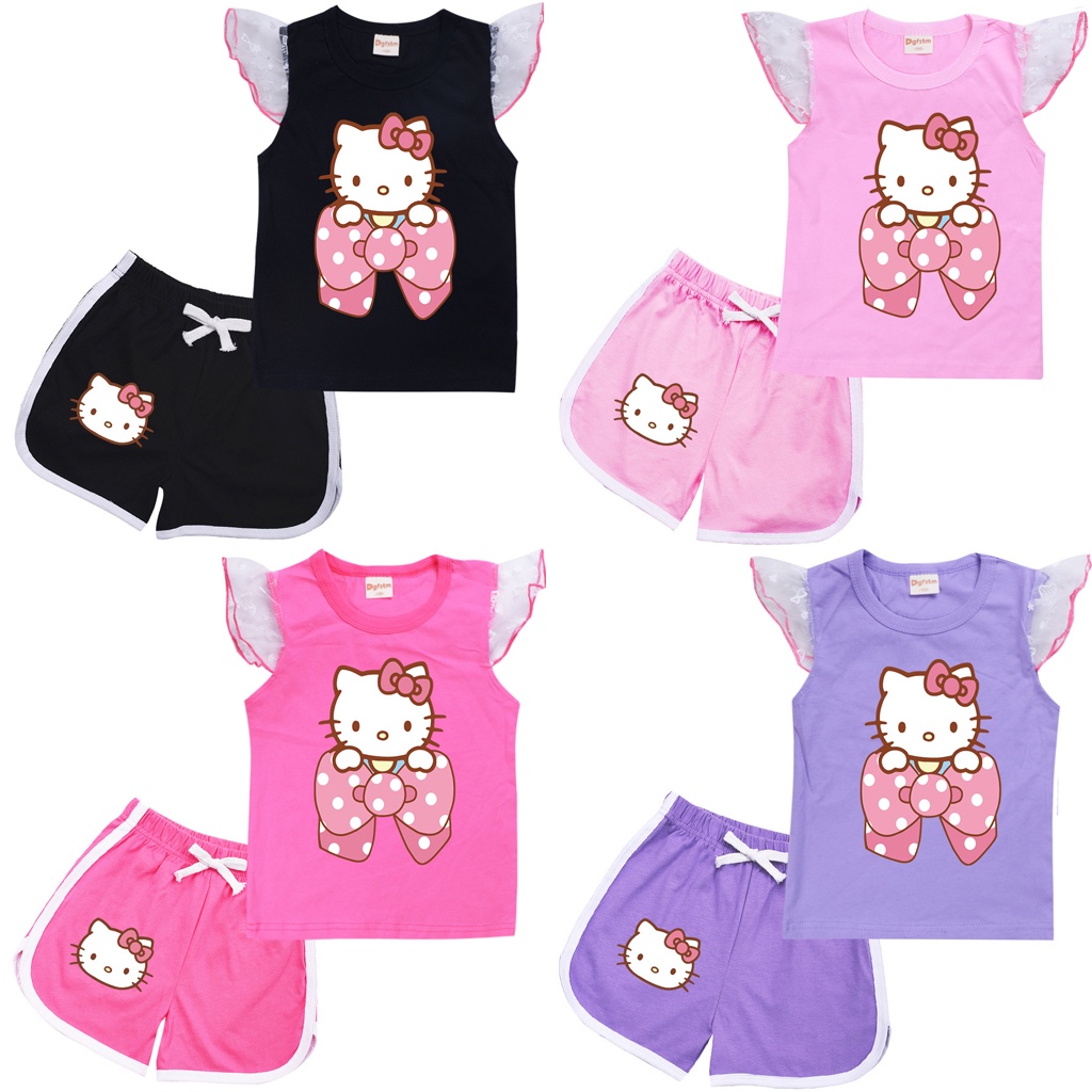 Bộ Trang Phục 2 Mảnh Gồm Áo Ba Lỗ Và Quần Short Họa Tiết Hoạt Hình Hello Kitty Thời Trang Mùa Hè Cho Bé Gái