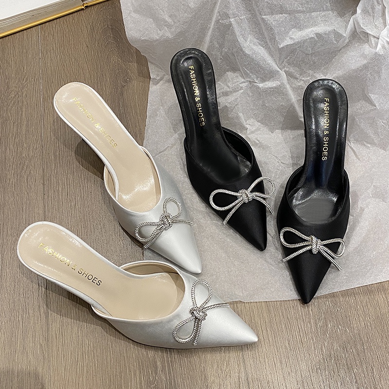 Dép Cao Gót Nữ Mũi Nhọn Đính Đá Phong Cách Hàn Quốc 02497