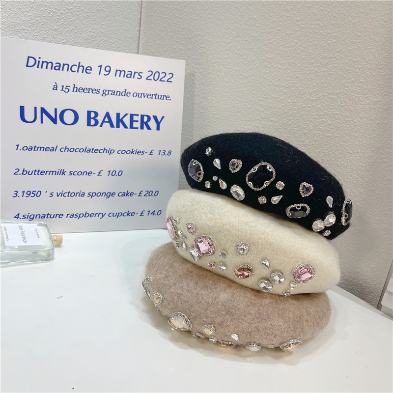 Mũ Beret Len Màu Đen Đính Đá Phong Cách Vintage Thời Trang Kpopive WonYoung