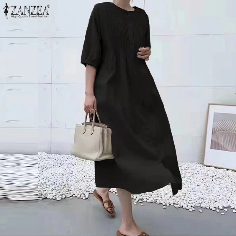 Áo sơ mi ZANZEA tay lỡ 3 / 4 cổ tròn phối túi thời trang cho nữ