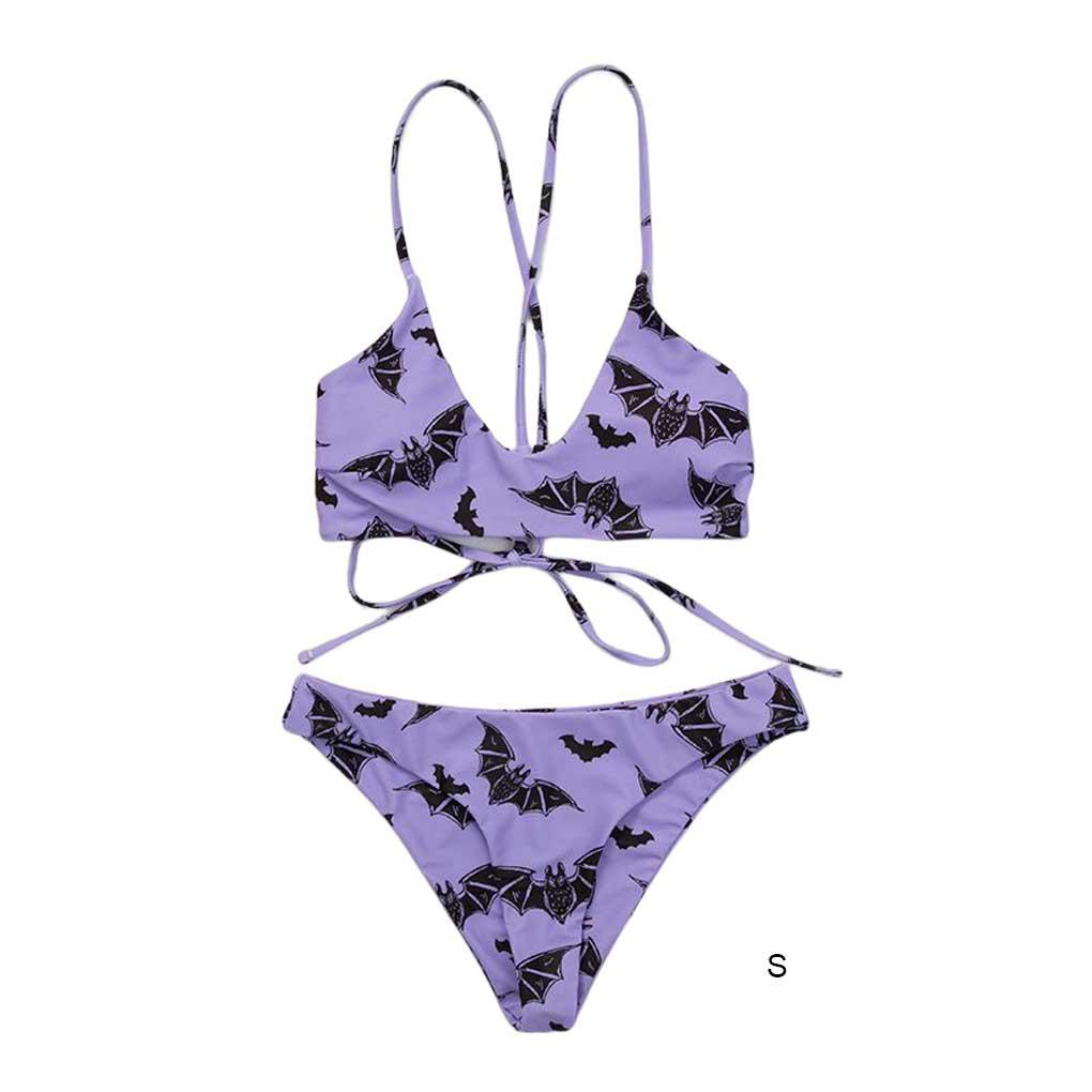 Bộ Đồ Bơi Bikini Hai Mảnh Co Giãn Họa Tiết Dơi Gợi Cảm Cho Nữ