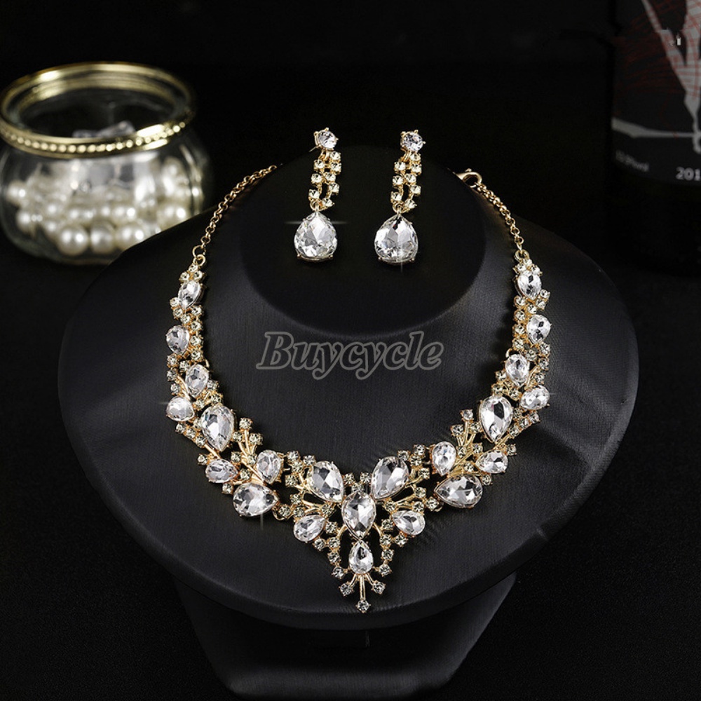 Bộ Vòng cổ + Bông Tai Đính Kim Cương Giả Thời Trang Cho Nữ