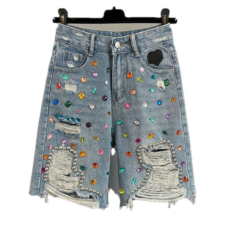 Quần Short Denim Lưng Cao Dáng Rộng Thiết Kế Rách Đính Đá Cá Tính