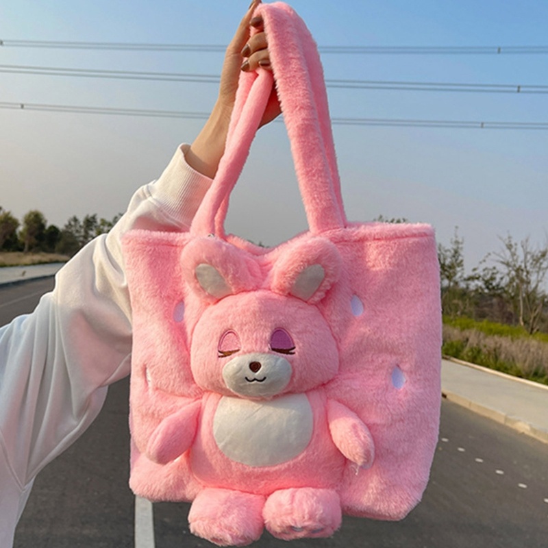 Túi Xách Tay Bằng Vải Bông Hình Thỏ Và Dâu Tây Màu Hồng Dành Cho Nữ