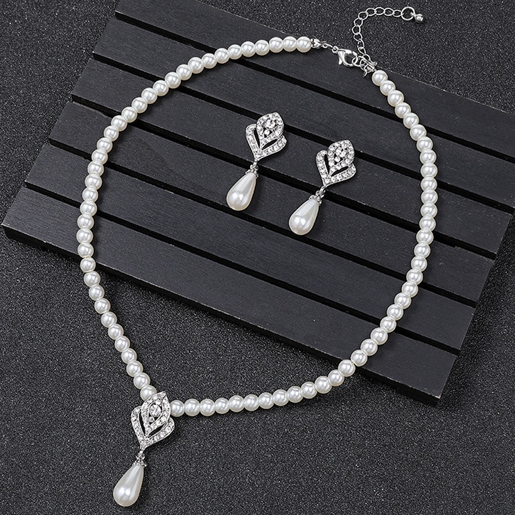 Bộ Vòng cổ + Bông Tai Đính Ngọc Trai Đơn Giản Cho Nữ