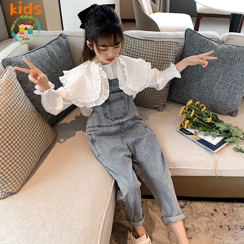 Bộ Áo Tay Dài + Quần Yếm Thời Trang Xuân Thu Mới Cho Bé Gái 3-5 - 8-10 - 12-13 Tuổi
