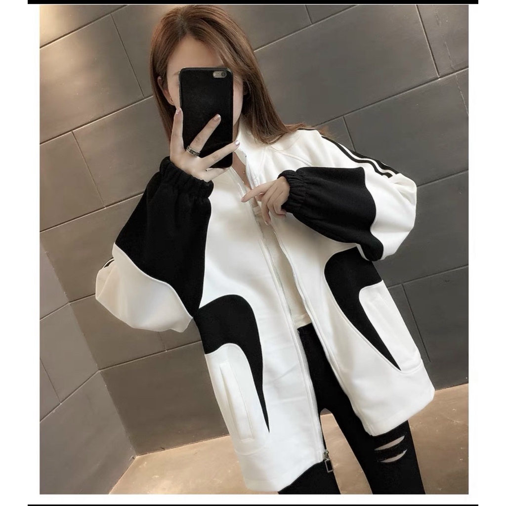 Áo Khoác Bomber, Áo Khoác Nữ Trơn Khóa Kéo Phối Viền Sọc Tay Phong Các Thời Trang Hot Trend. UT