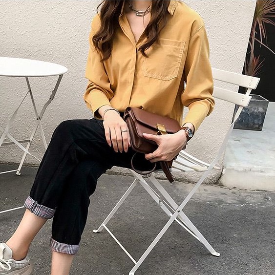 Linki Áo Sơ Mi Nữ Dài Tay Dáng Rộng Màu Trơn Phong Cách Retro Thời Trang