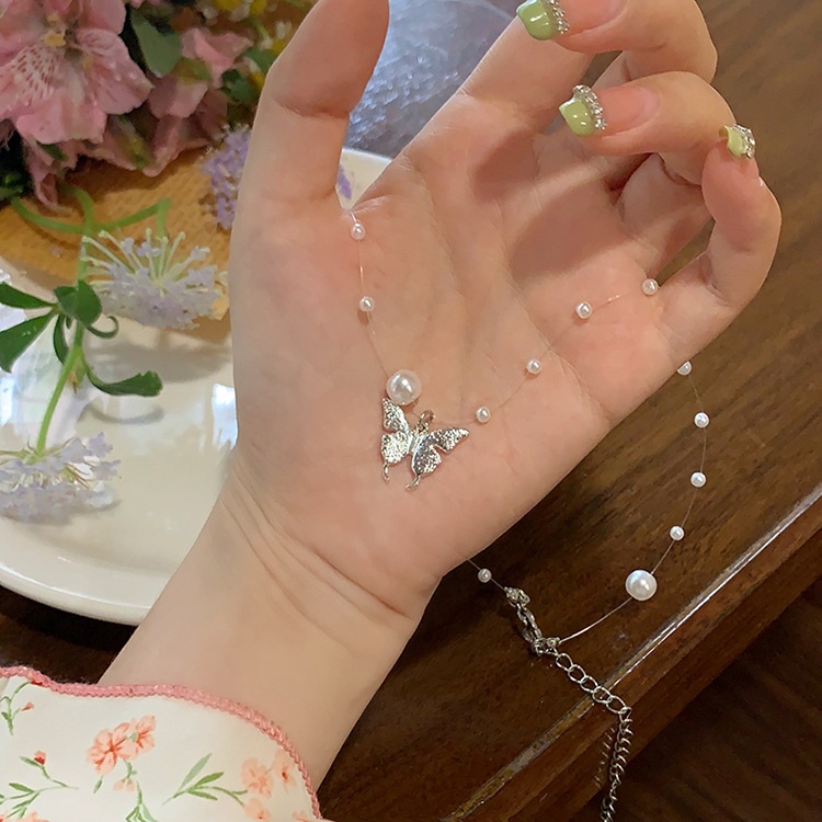 Dây Chuyền Mặt Hình Bướm Đính Ngọc Trai Nhân Tạo Thời Trang Dành Cho Nữ