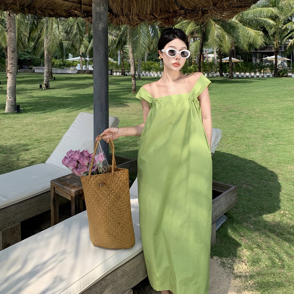Váy_Cảm giác thiết kế tối giản cà vạt nếp gấp dây đeo vai rộng đầm cổ nơ phóng khoáng ống treo váy dáng ôm kén