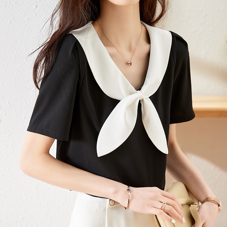 Áo Sơ Mi Chiffon Tay Ngắn Cổ Thủy Thủ Màu Trắng Đen Thời Trang Mùa Hè 2023