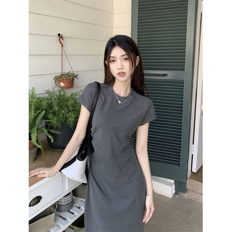 COZOK Đầm Tay Ngắn Cổ Tròn Phong Cách Hàn Quốc Thời Trang Cho Nữ