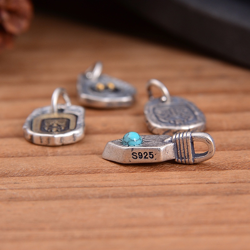 █diy゜ S925 Bạc●Mặt Dây Chuyền Bạc S925 Hình Khiên Zakiram Phong Cách Retro Tây Tạng