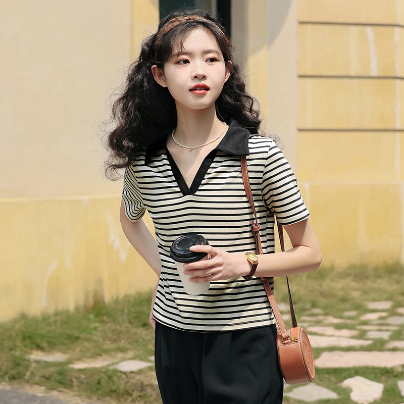 SUXI Áo polo Ngắn Tay Form Rộng Họa Tiết Kẻ Sọc Phong Cách Vintage