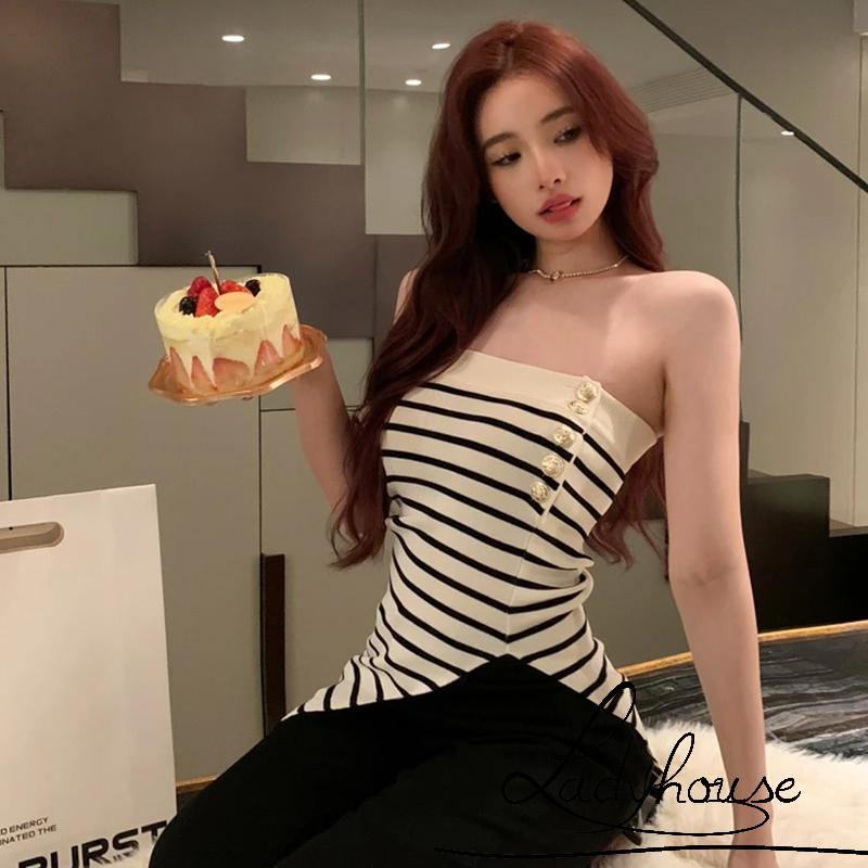 Áo Ngắn Không Dây Dệt Kim Họa Tiết Kẻ Sọc Thời Trang Dành Cho Nữ