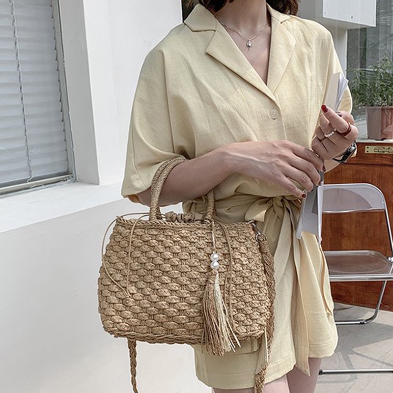 Túi Xách Đan Lát Sức Chứa Lớn Phối Tua Rua Phong Cách Hàn Quốc Cho Nữ