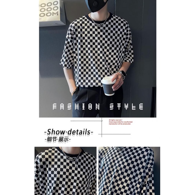 Áo Thun Hip Hop Tay Ngắn Cổ Tròn Họa Tiết Caro Trắng Đen Phong Cách Hàn Quốc Thời Trang Mùa Hè 2023 Cho Nam