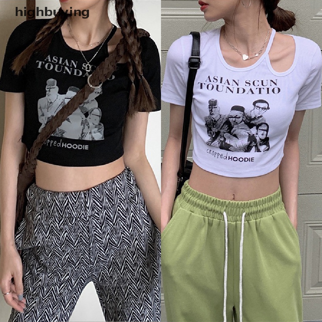 Áo Thun Lửng Ngắn Tay Cổ Tròn In Họa Tiết Phong Cách Retro Mỹ Cho Nữ