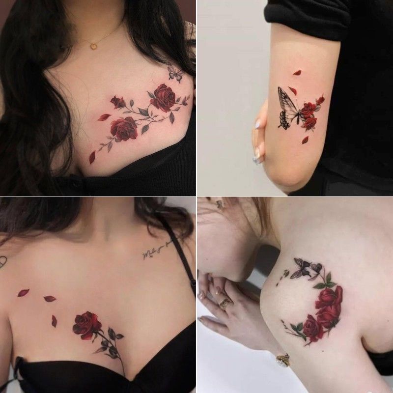 Hình Xăm Dán Ngực Hình Hoa Hồng Đỏ Đậm Chống Thấm Nước Bền Và Đẹp Cho Nam Và Nữ