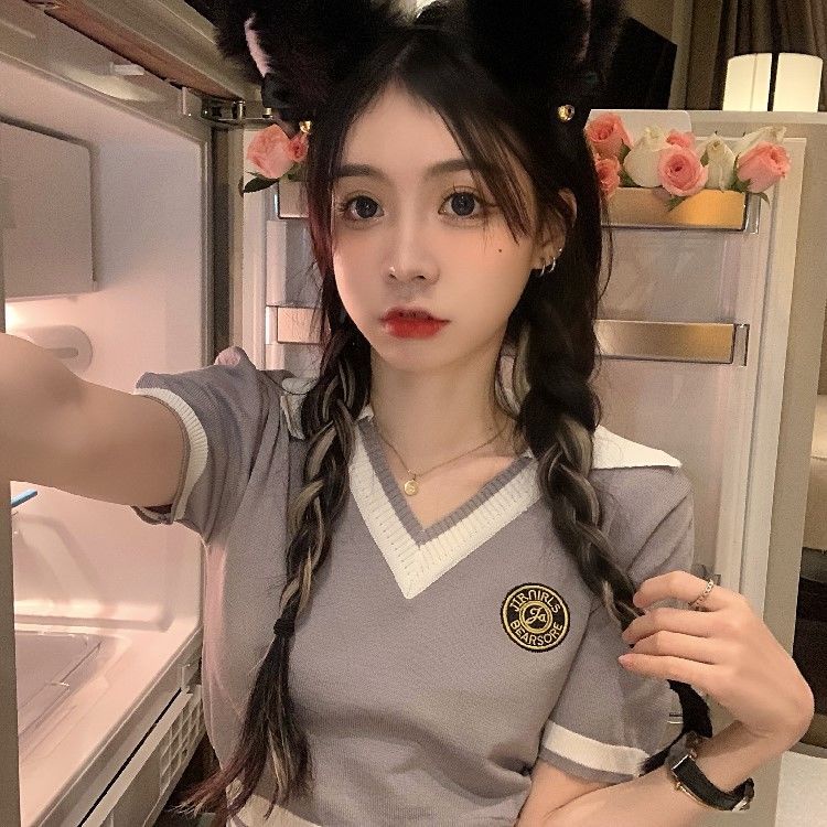 áo croptop len dệt kim tay ngắn kiểu cổ polo dáng ôm thời trang mùa hè 2023 phong cách mới