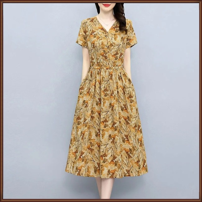 Đầm Tay Ngắn Cổ Chữ V In Họa Tiết Hoa Thanh Lịch Dành Cho Nữ