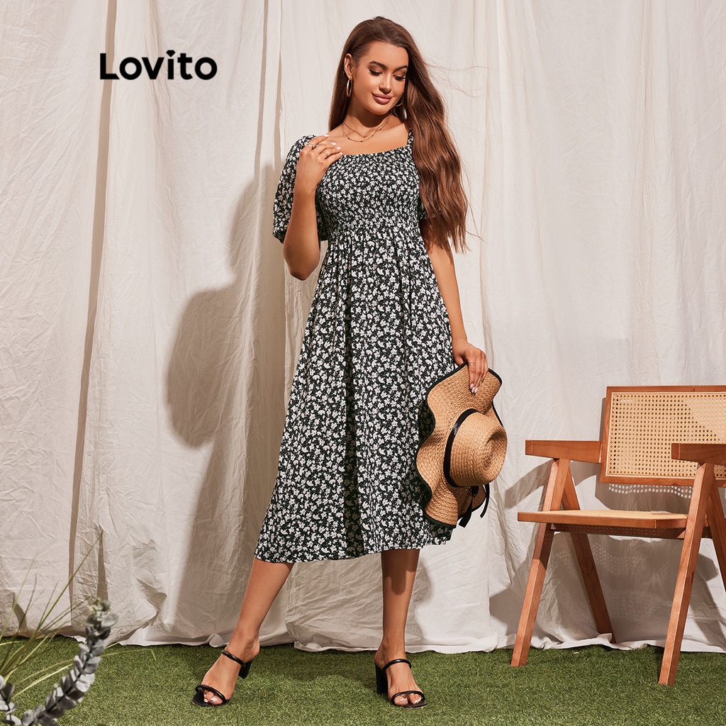 Đầm chữ A Lovito tay phồng xếp ly họa tiết hoa đơn giản cho nữ L45LD044 (màu đen)