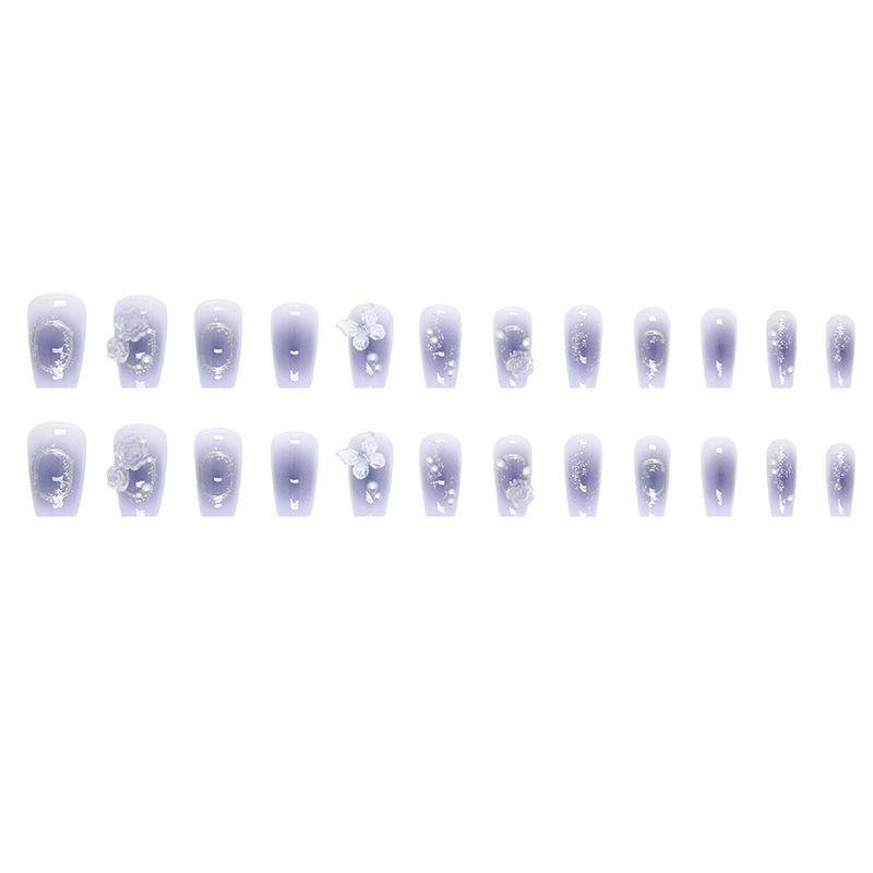 Set 24 Móng Tay Giả Màu Xanh Dương Không Nhòe Cực Quang Họa Tiết Hoa Trà/Móng Tay Giả 3d / Móng Tay Giả Kèm Keo Móng Dài/ nơ kèm keo dán dễ thương xinh xắn