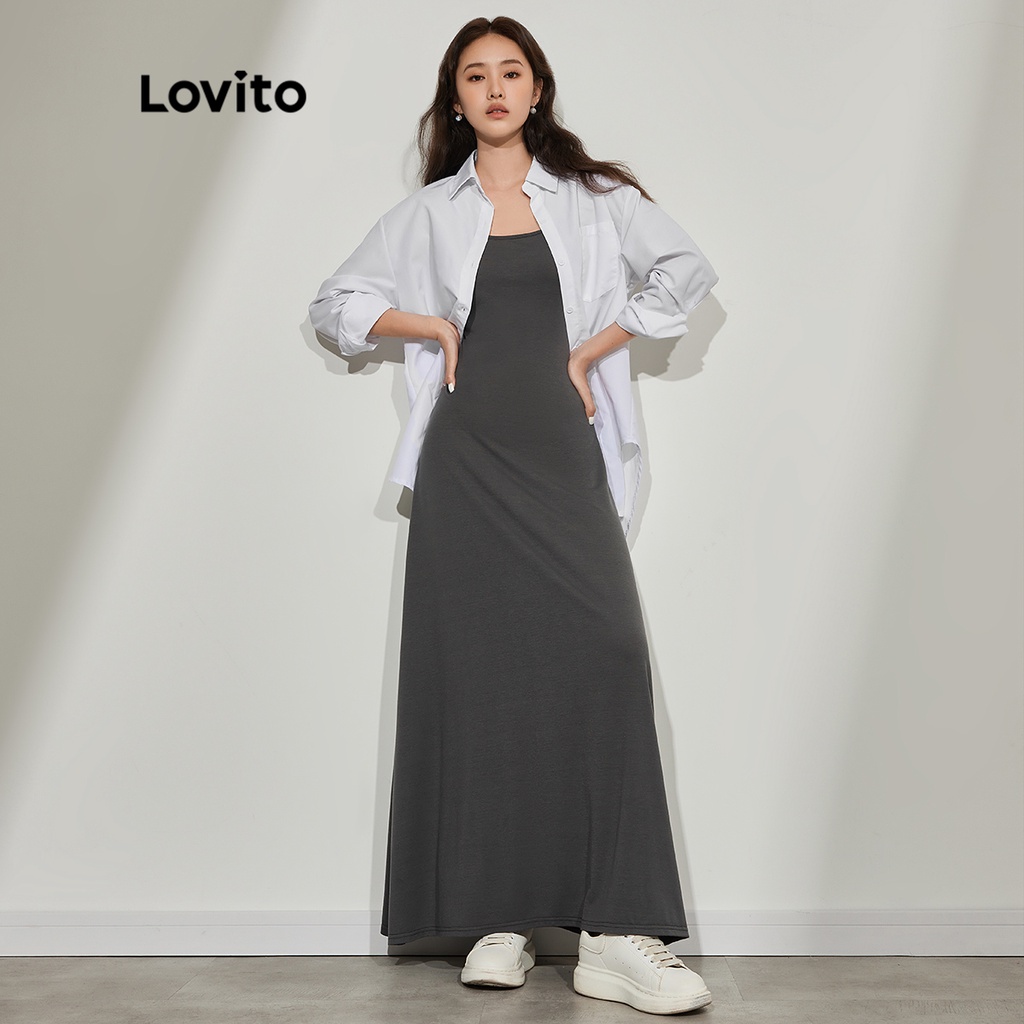 Đầm liền LOVITO không tay hở vai ôm dáng màu trơn cơ bản thường ngày L45ED022 (màu xám)