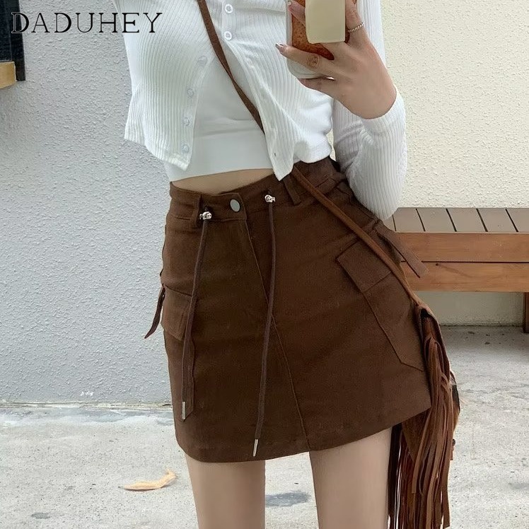 DaDuHey New American Workwear Denim Skirt High Waist Drawstring A- Line Skirt Fashion Plus Size Skirt