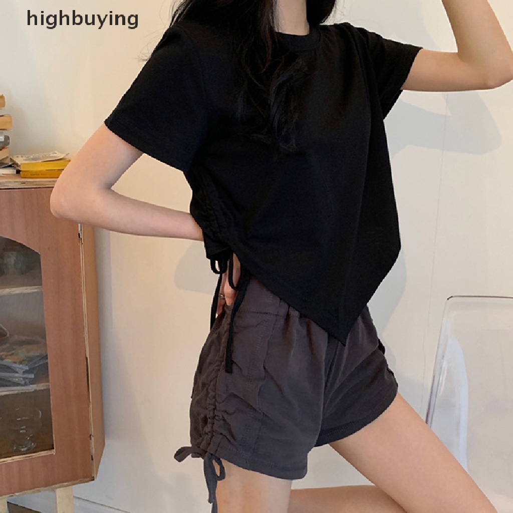 Áo Thun Crop Top Tay Ngắn Cổ Tròn Màu Trơn Phối Dây Rút Thời Trang Mùa Hè Cho Nữ