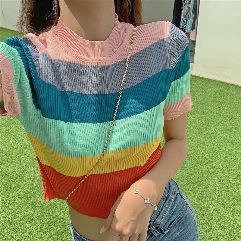 Áo Thun Crop Top Tay Ngắn Họa Tiết Kẻ Sọc Cầu Vồng Phong Cách Hàn Quốc Cổ Điển Thời Trang Xuân Hè 2023 Dành Cho Bạn Nữ