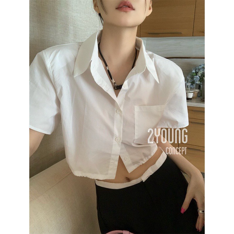 Áo sơ mi nữ ngắn tay dáng lửng croptop chun eo túi ngực màu trắng ASTL226