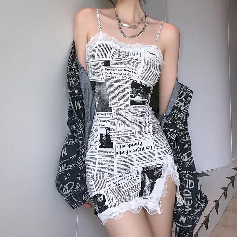 Klalien Đầm Mini Hai Dây Lưng Cao Dáng Ôm Phong Cách Thời Trang Đường Phố Cá Tính Dành Cho Nữ