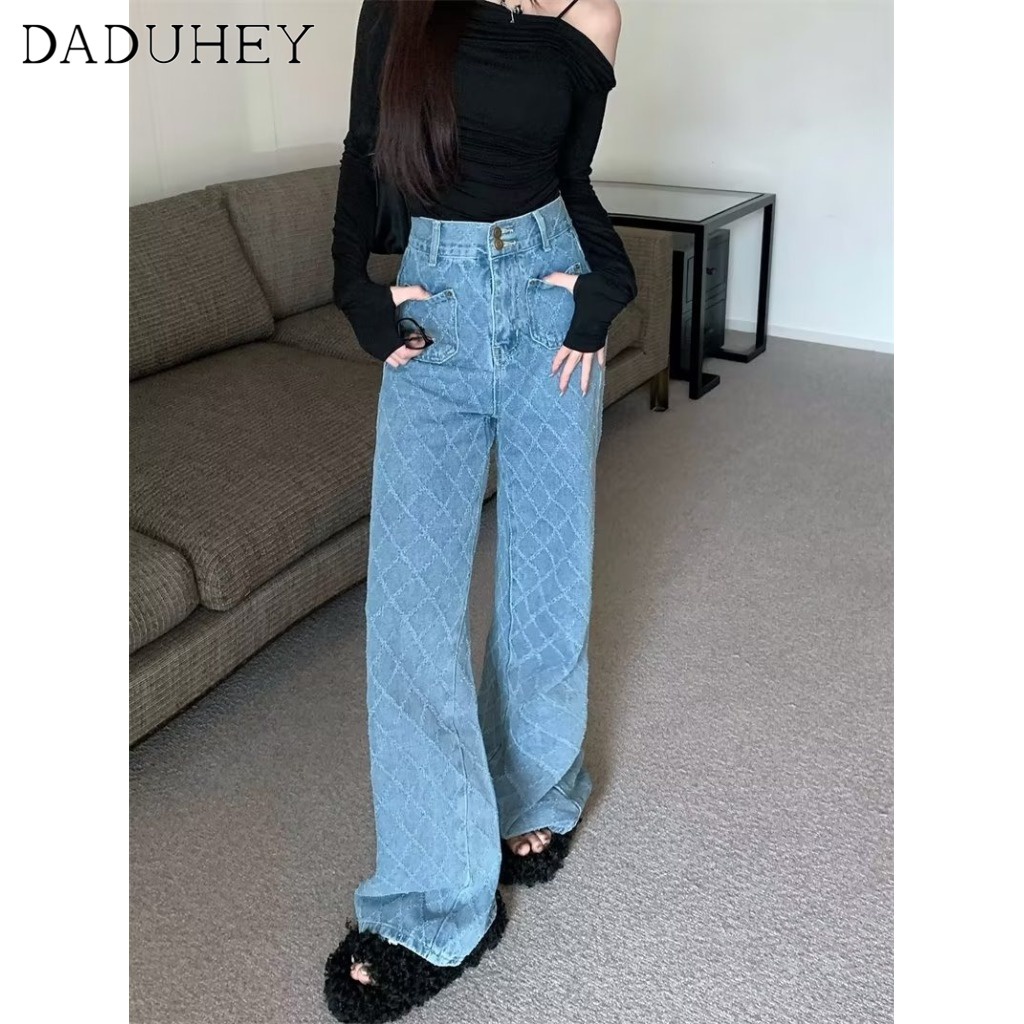DaDuHey New Korean Version of INS Grid Jeans WOMEN'S High Waist Loose Wide Leg Pants Large Size Trousers