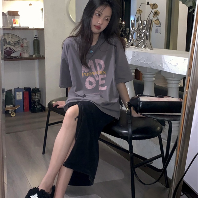 IELGY    Áo Thun Tay Ngắn In Chữ Màu Xám Dễ Phối Đồ Thời Trang Cho Nữ