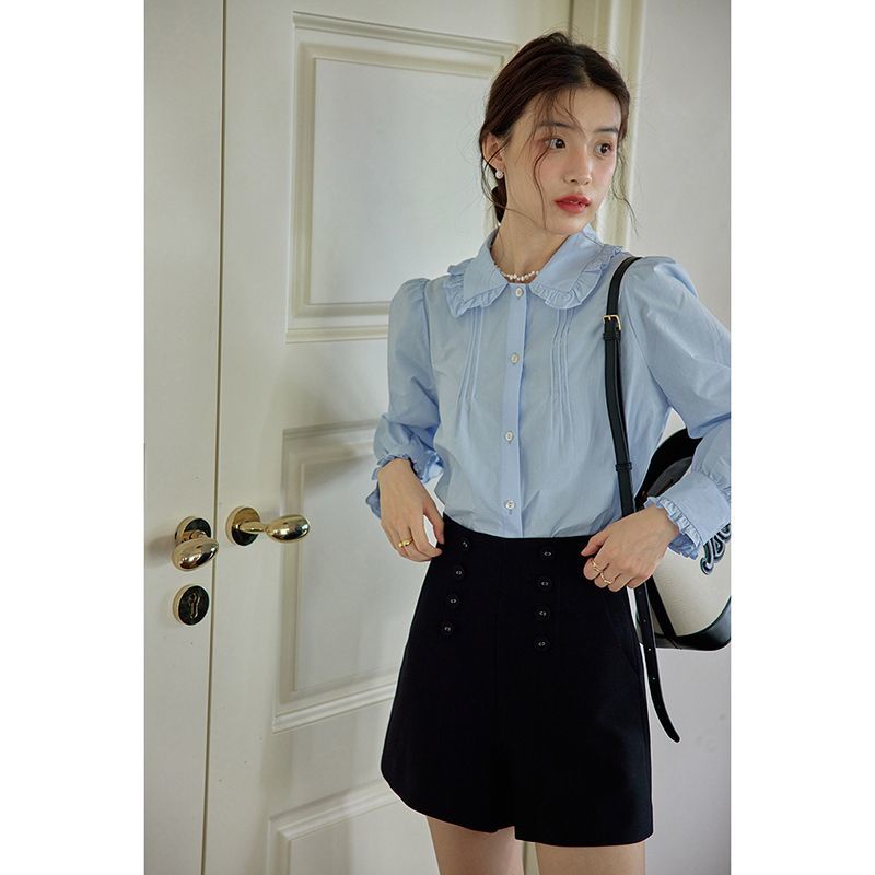Pháp Retro Xù Cổ Búp Bê Áo Sơ Mi Xanh Nữ Mùa Xuân Dài Tay Thiết Kế Hàng Đầu Niche Áo Sơ Mi