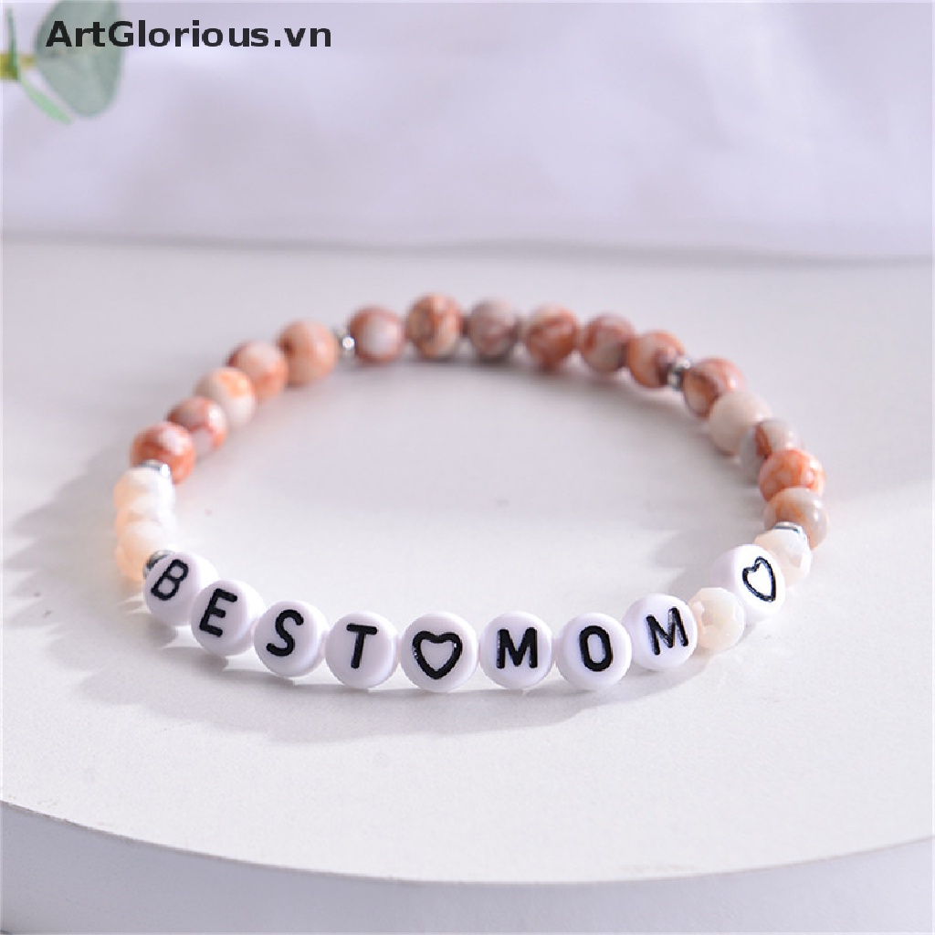 Vòng Tay Chuỗi Hạt Đá Tự Nhiên Khắc Chữ Tiếng Anh Mom Thời Trang