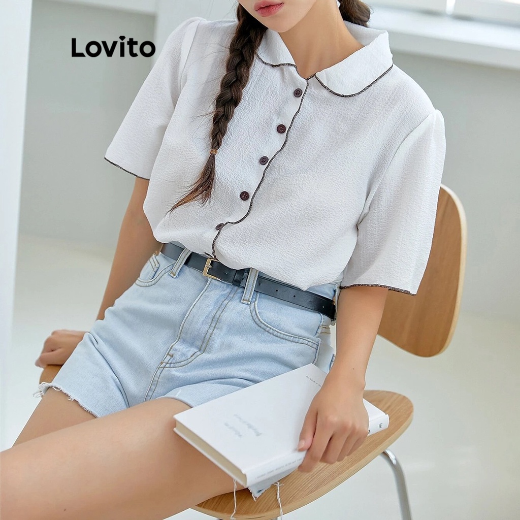 Áo kiểu Lovito Casual Contrast Binding Ngắn tay Phong cách Hàn Quốc cho nữ L35AD025 (Trắng)