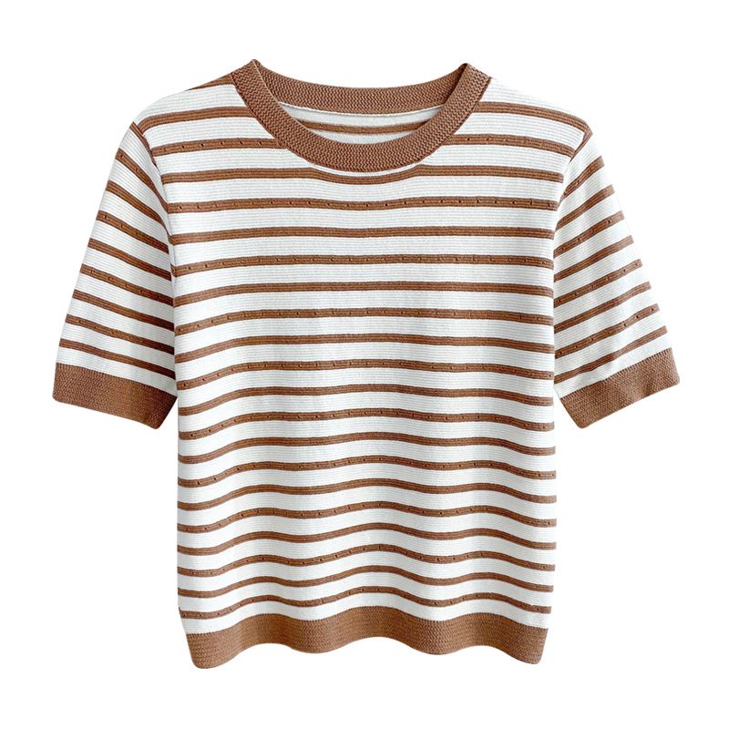 Áo Thun Sweater Mỏng Cổ Tròn Tay Ngắn Họa Tiết Kẻ Sọc Thời Trang Mới 2023 Cho Nữ