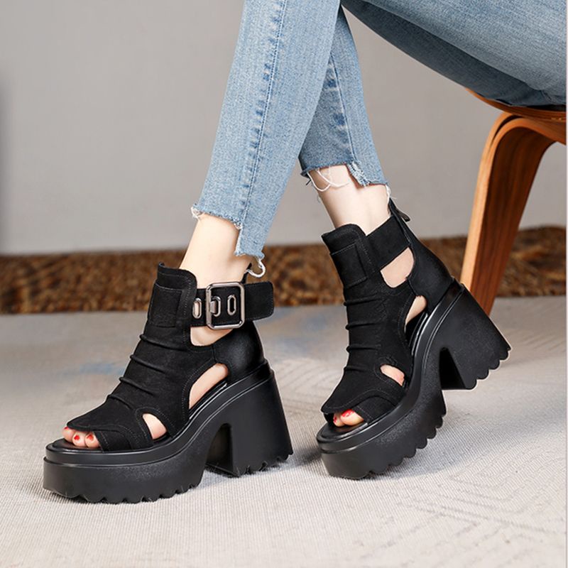 Giày Sandal Cao Gót 10cm Đế Dày Hở Mũi Phong Cách Roman