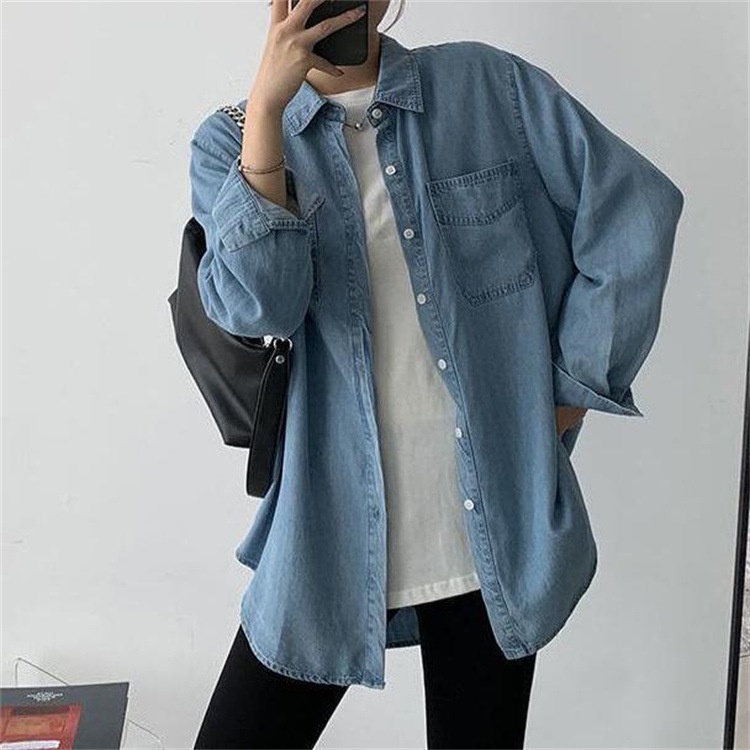 DIDIKA Áo Sơ Mi Denim Mỏng Dáng Rộng Giả Nhiều Lớp Phong Cách Hong Kong Thời Trang Xuân Thu Cho Nữ