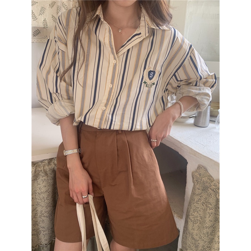 SUXI Áo Sơ Mi Nữ Dài Tay Kẻ Sọc Thời Trang Hàn